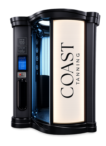 Black tanning booth with "COAST TANNING" on a light panel, blue lights inside, and a control panel on the left.